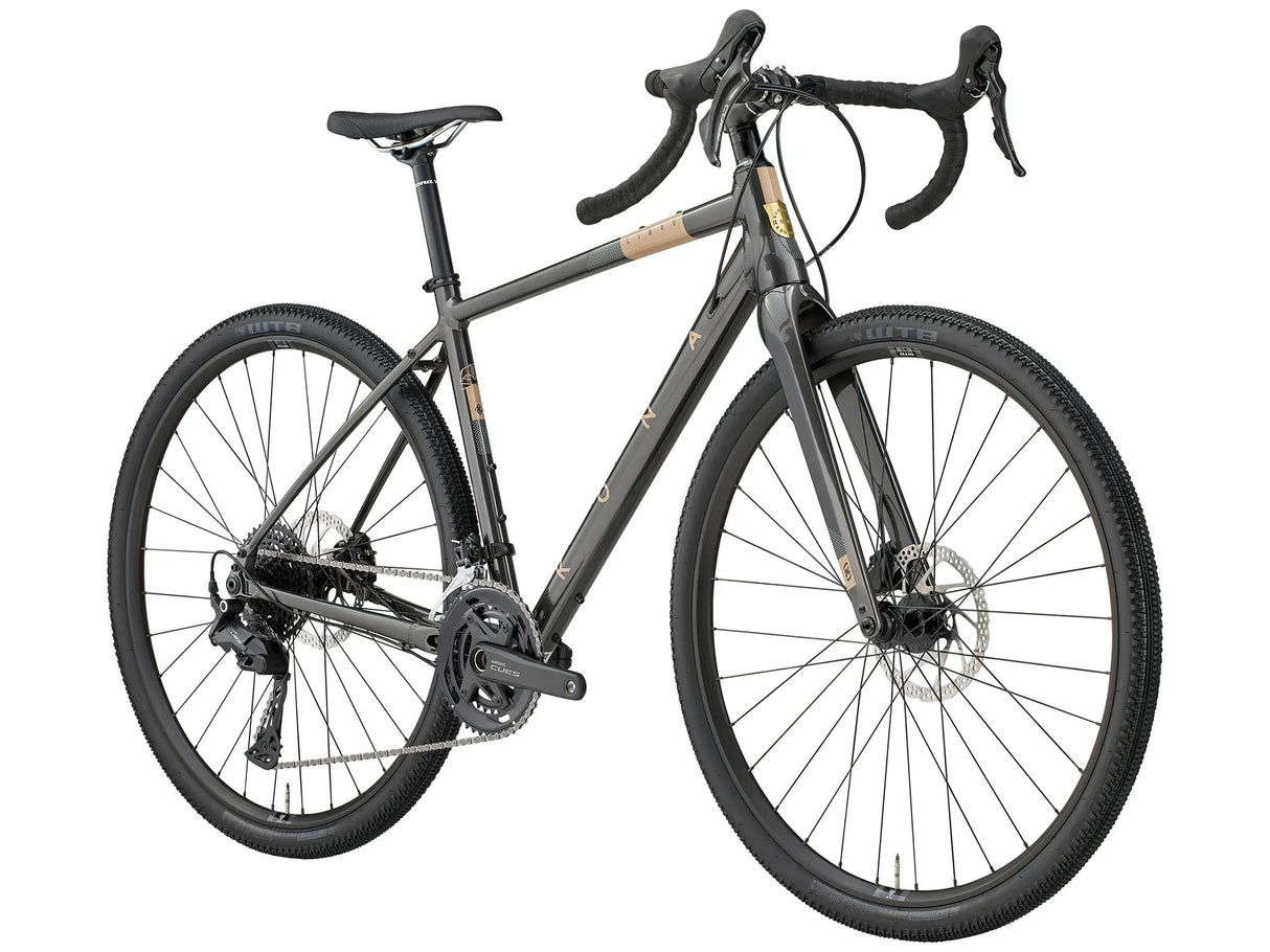 Vue avant du vélo gravel Kona Libre G2 montrant le guidon et la fourche en carbone.