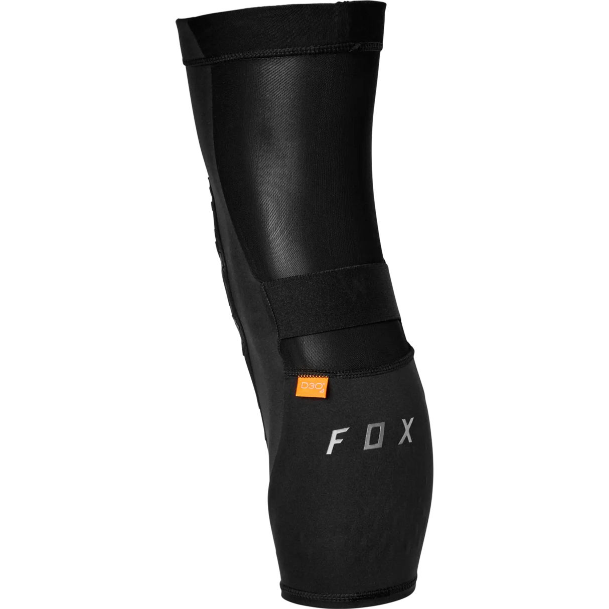 Gros plan sur la coquille souple et le tissu respirant des protège-genoux Fox Enduro Pro noirs, illustrant la protection à l'impact en enduro