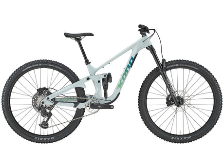 Vélo de montagne Kona Process 153 CR en carbone, finition Gloss Concrete, vue latérale complète montrant le cadre tout suspendu 153 mm et les roues 29 pouces.