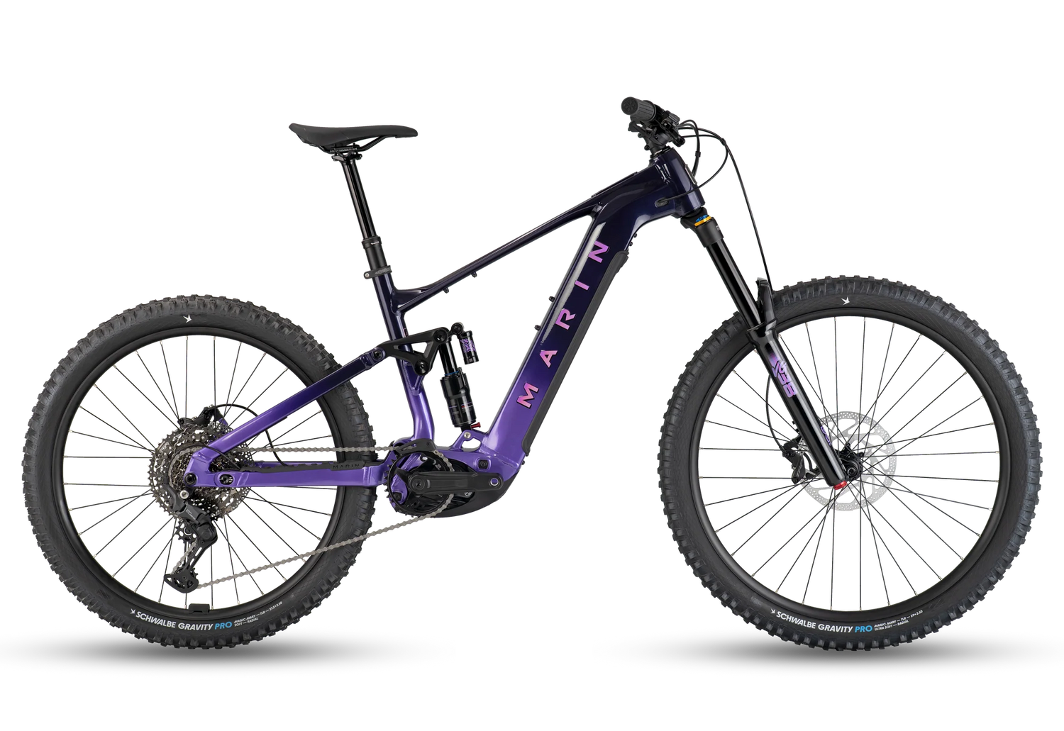 Vélo de montagne électrique Marin Alpine Trail E1 2026 en coloris Purple Fade, vue latérale complète montrant le cadre Series 4 Alloy et les roues mixtes 29 et 27,5 pouces.