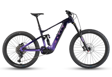 Vélo de montagne électrique Marin Alpine Trail E1 2026 en coloris Purple Fade, vue latérale complète montrant le cadre Series 4 Alloy et les roues mixtes 29 et 27,5 pouces.