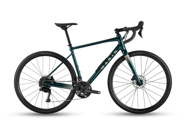 Vélo gravel Marin Gestalt 1 2026 en coloris Green, vue latérale complète montrant le cadre Series 3 en aluminium, la fourche carbone et les pneus 700x40c.