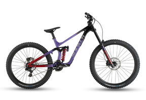 Vélo de descente à suspension intégrale Marin Quake 2026, coloris Black Purple Red, vue latérale complète montrant le cadre Series 4 en aluminium, la fourche RockShox Boxxer et les roues 29/27,5 pouces.