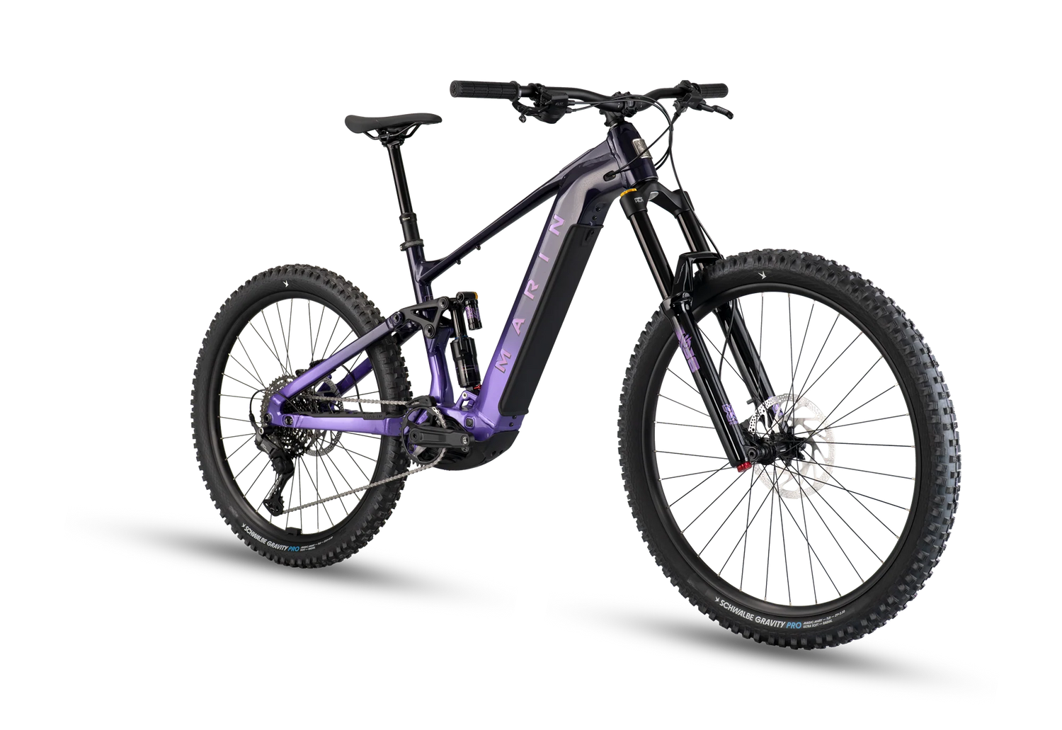 Vue de face du vélo électrique Marin Alpine Trail E1 2026 en Purple Fade montrant la fourche X-Fusion Vengeance 170 mm et le pneu Schwalbe Magic Mary 29 pouces.