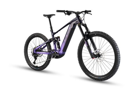 Vue de face du vélo électrique Marin Alpine Trail E1 2026 en Purple Fade montrant la fourche X-Fusion Vengeance 170 mm et le pneu Schwalbe Magic Mary 29 pouces.