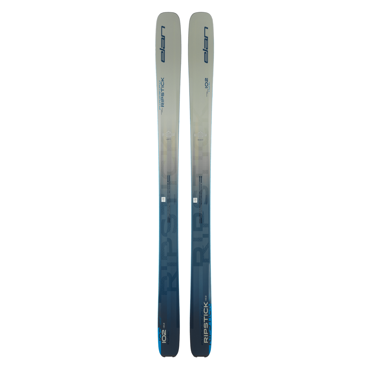 Ski freeride Elan Ripstick 102 sur fond blanc, montrant son large patin et design moderne. - Elan Ripstick 102 freeride ski on white background, showing its wide waist and modern design.