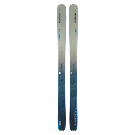 Ski freeride Elan Ripstick 102 sur fond blanc, montrant son large patin et design moderne. - Elan Ripstick 102 freeride ski on white background, showing its wide waist and modern design.