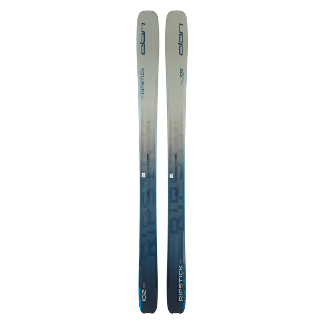 Ski freeride Elan Ripstick 102 sur fond blanc, montrant son large patin et design moderne. - Elan Ripstick 102 freeride ski on white background, showing its wide waist and modern design.